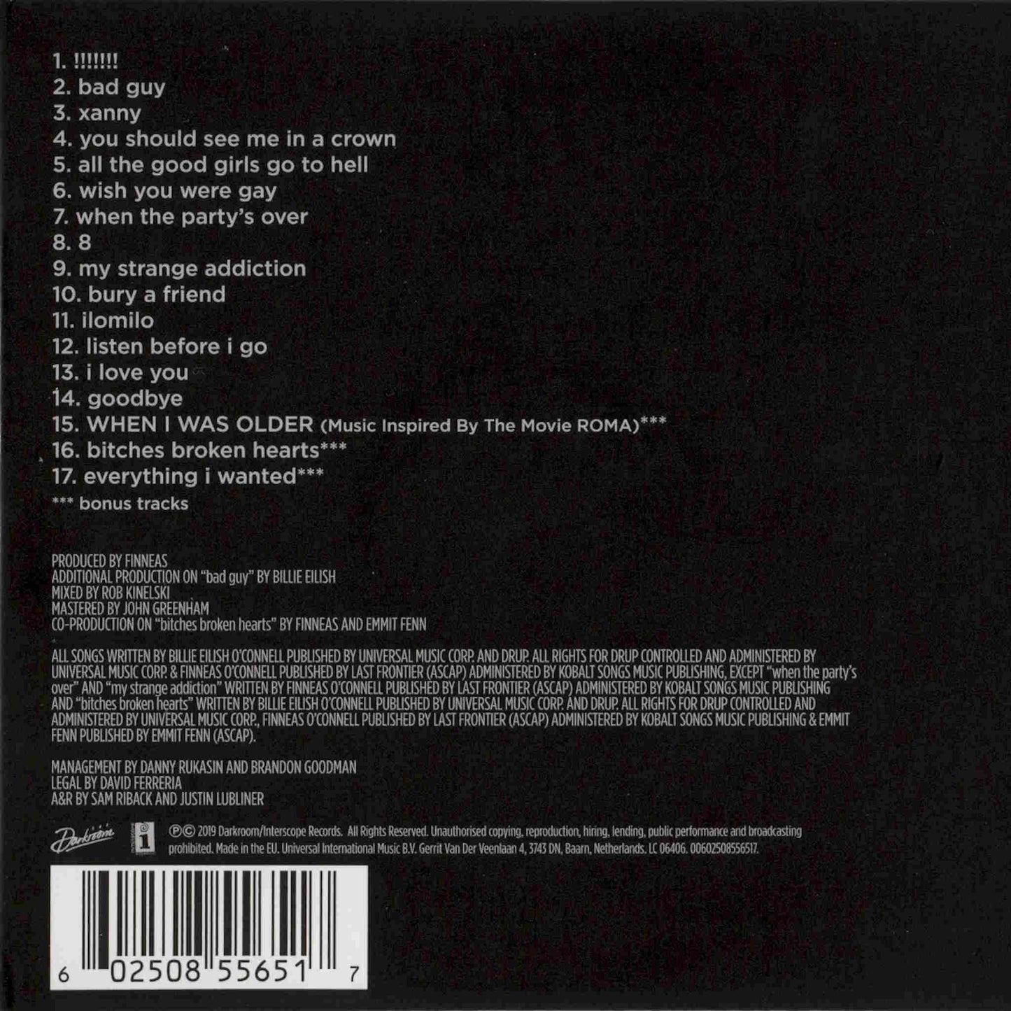 billie eilish when we all fall asleep where do we go tracks